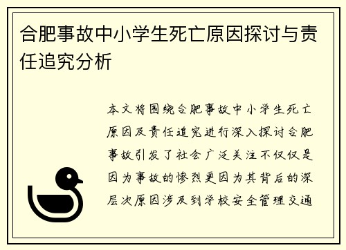 合肥事故中小学生死亡原因探讨与责任追究分析